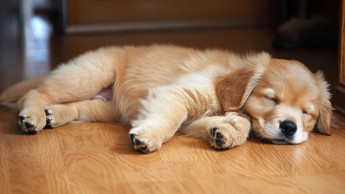 Sleepy golden puppy enjoys a peaceful nap on warm floor