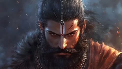 Intense ascetic warrior portrait with dynamic rim lighting and smoke