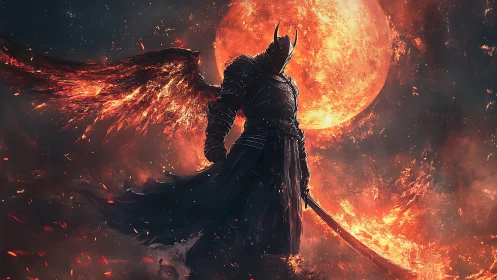 Blade-winged fallen knight before the burning blood moon.