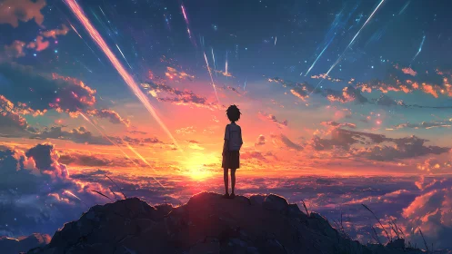 Silhouette on rocky peak viewing sunset sky with meteors.