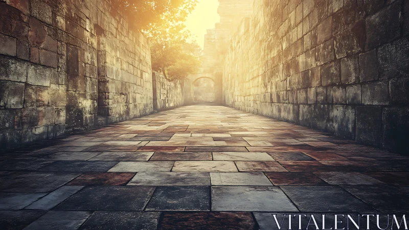 Sunlit stone passageway inviting a quiet, timeless stroll.