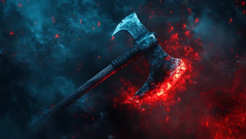 Battle-worn double-headed axe glows amid volatile inferno haze