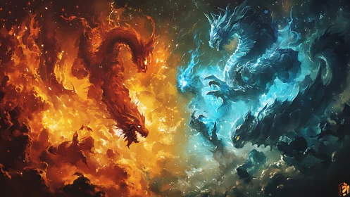 Elemental fire dragon battles icy dragon within swirling clouds