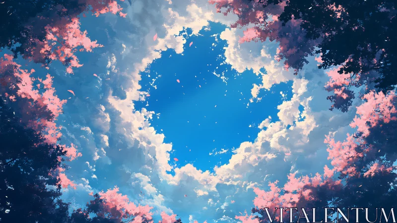 Blossom-framed sky opens into radiant, cloud-ringed calm.