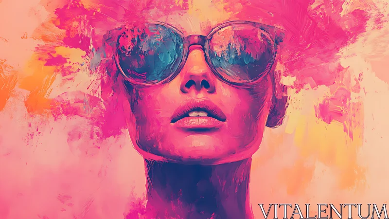 Bold digital portrait of woman in sunglasses with neon colors.