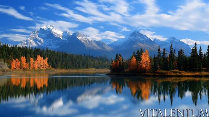 Autumn fire kisses alpine giants across a glassy mountain lake.