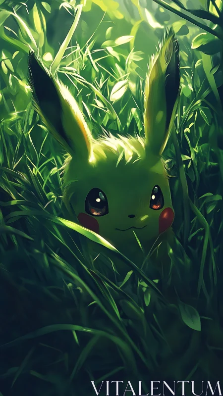 Digital painting of hidden Pikachu amid luminous forest grass.