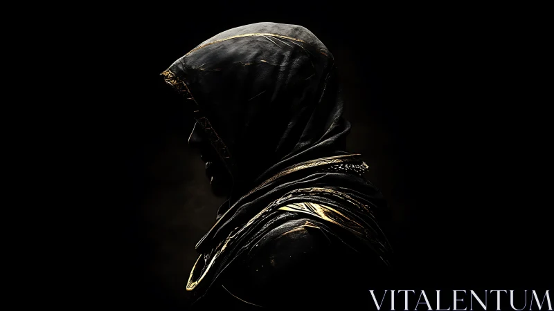 Hooded rogue profile in shadow with gold-trimmed cloak.
