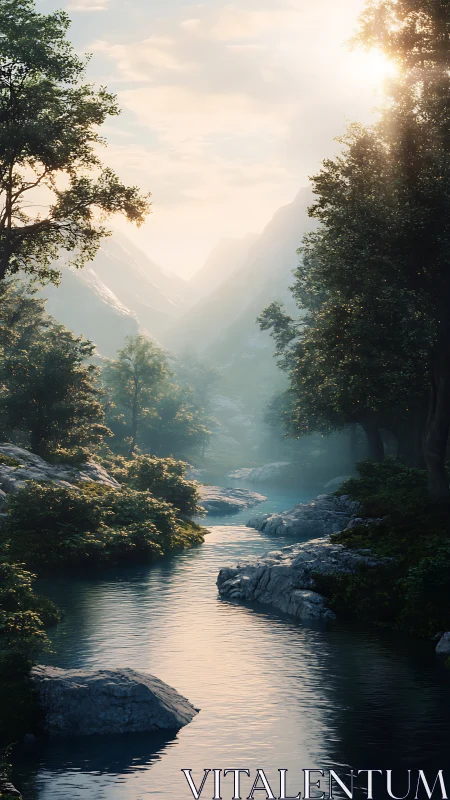 Morning light spills over tranquil forest river valley.