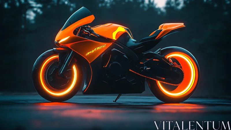 Neon storm superbike blazes through the misty forest night.