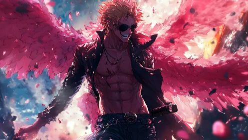 Winged anime fighter with red feathers in midair stance.