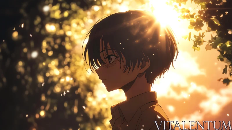 Soft sunset glow around a thoughtful anime boy outdoors.