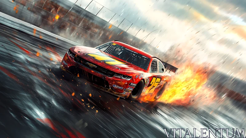 Red race car skids through wet track with trailing flames.
