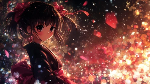 Anime girl in kimono amid abstract light and particles.
