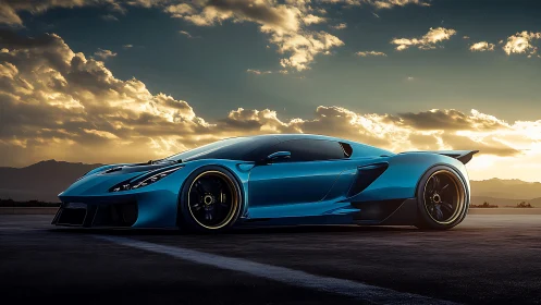 Aerodynamic teal hypercar rendered in cinematic sunset light.