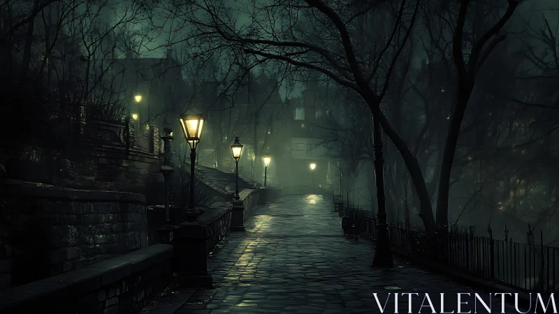 Foggy cobblestone path lit by sparse urban lampposts.