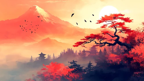 Sunlit Japanese mountain valley glows in fiery autumn mist