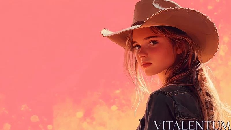 Sunlit cowgirl gaze against a dreamy sherbet sky glow.