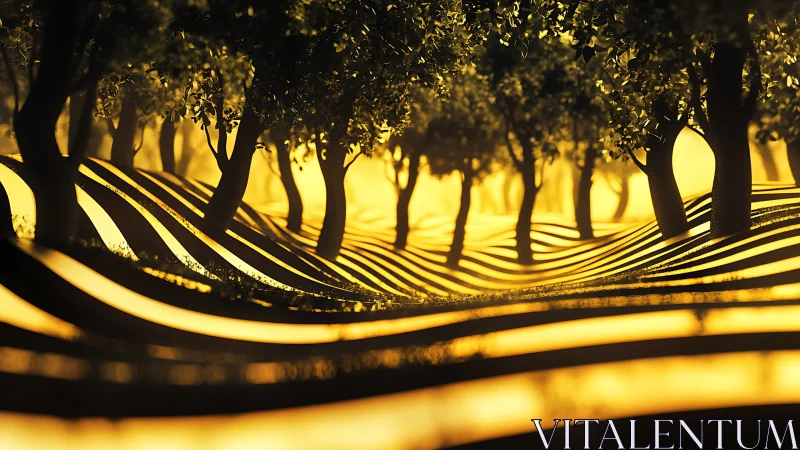 Golden waveforest where striped light dances between trees.
