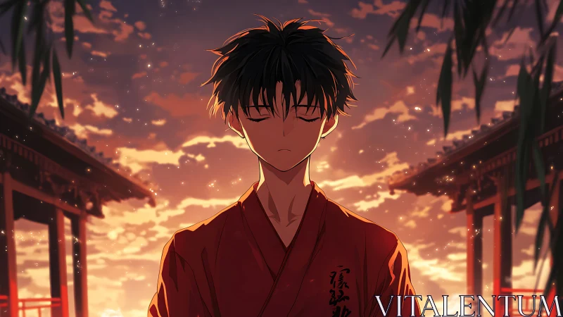 Sunset meditation with tranquil anime martial artist.