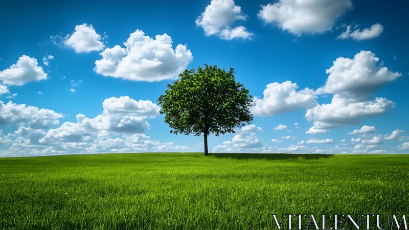 Lone green tree in vibrant meadow beneath bright blue sky.