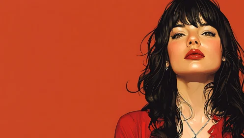 Woman in red shirt illustrated against flat orange background