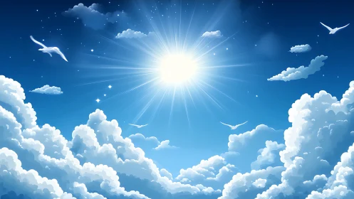 Radiant midday sun illuminating cumulus clouds in stylized sky