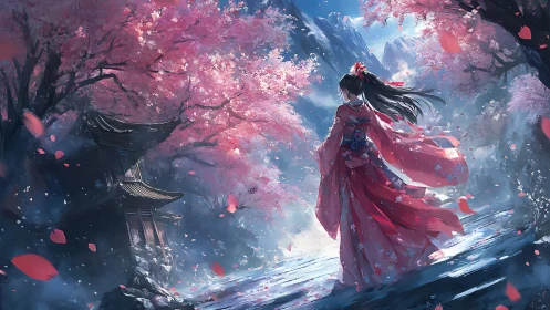 Woman in red kimono under mountain cherry blossoms at dusk.
