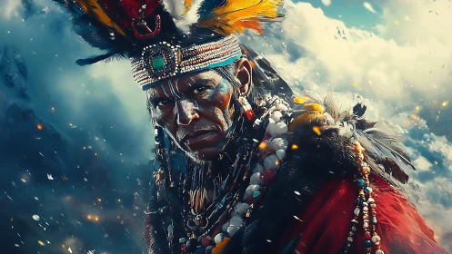 Regal tribal warrior in elaborate feathered headdress.