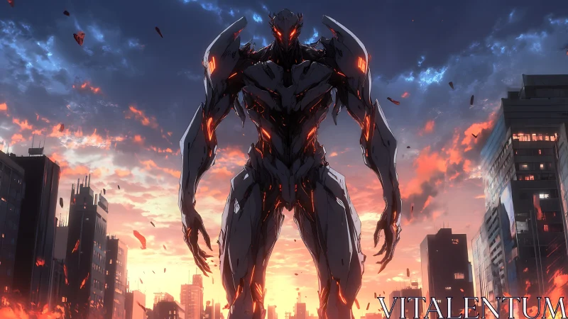 Colossal mech warrior silhouetted against blazing city sunset.