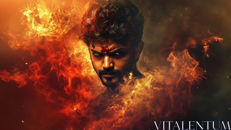 Male portrait emerging from swirling digital fire effects.
