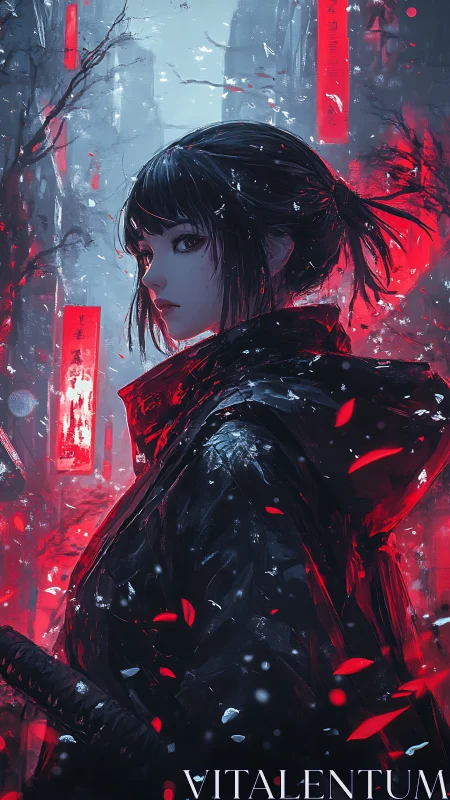 Midnight samurai walks through neon snow and quiet danger