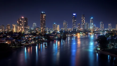 City river skyline at night with high-rise lights reflected.
