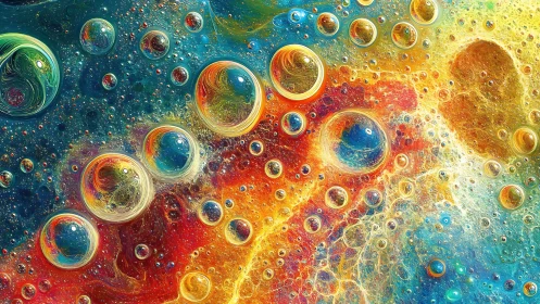 Colorful abstract bubbles floating in swirling nebula field.