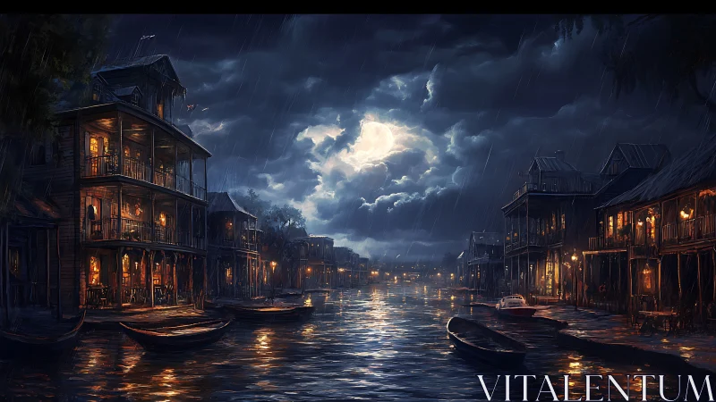 Moonlit canal town in storm, warm windows contrast cold rain