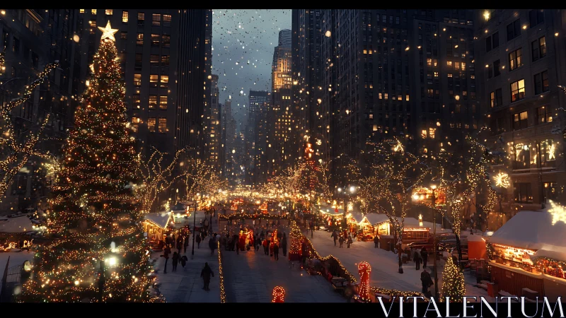 Urban winter market scene with illuminated trees and stalls.