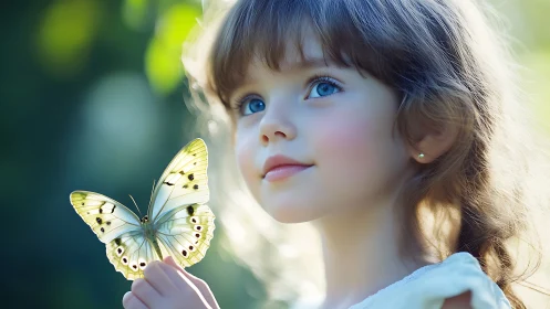 Young girl gazes at a delicate yellow butterfly in golden light.