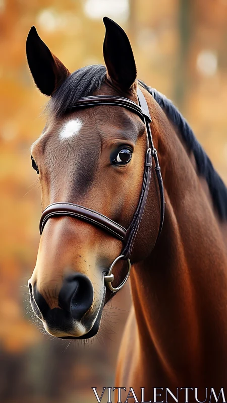 Chestnut sport horse portrait with bridle, shallow depth-of-field