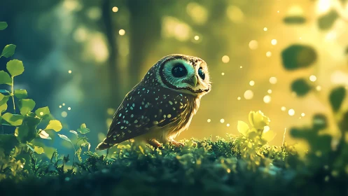 Whimsical Owl in Enchanted Forest, Dreamlike Digital Art Style.