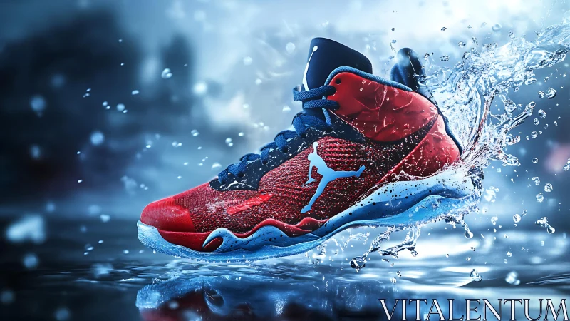 Red athletic sneaker model rendered in dynamic water splash