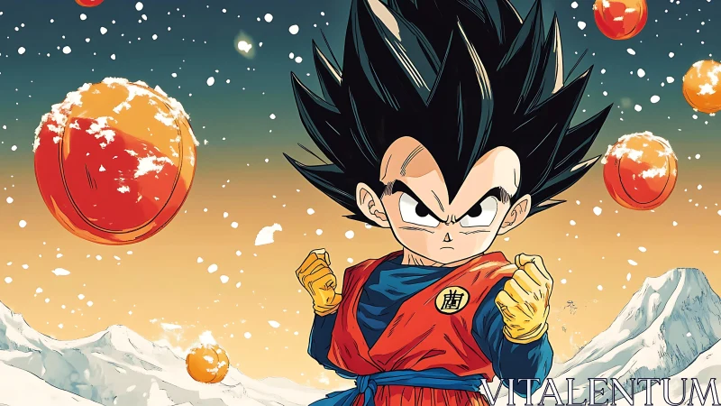 Child warrior in orange gi stands amid floating orange orbs