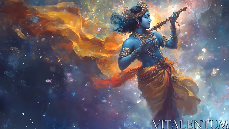 Blue divine musician playing flute in swirling cosmic light.