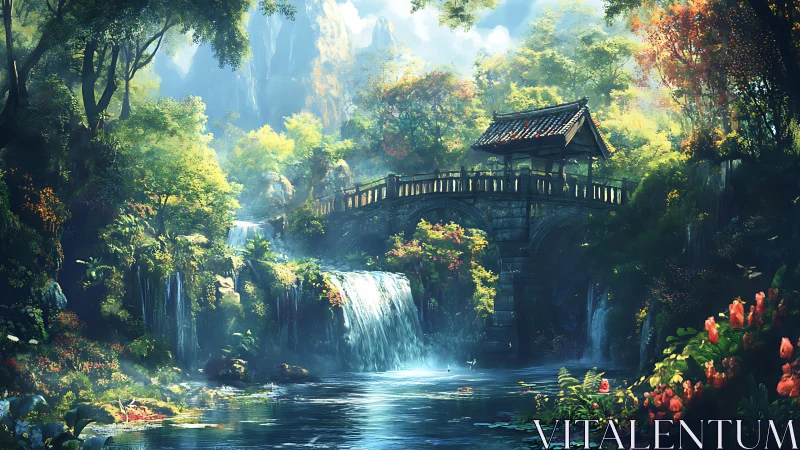 Lush fantasy waterfall garden with arched stone bridge.