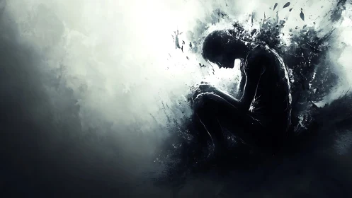 Solitary figure dissolves into expressive monochrome darkness.