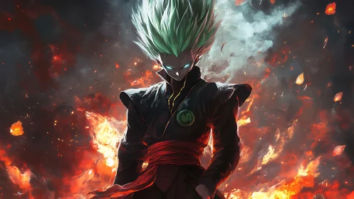 Fiery anime warrior emerges from blazing battlefield smoke