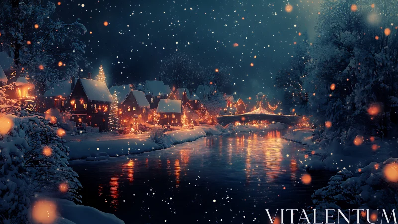 Snowy riverside village with festive warm bokeh lighting at night