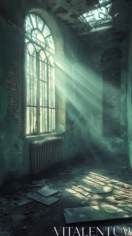 Sunlight penetrates ruined arched window into derelict room