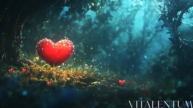 Luminescent Red Heart Blooming in Enchanted Forest Depths.
