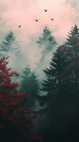 Misty Forest Landscape with Migrating Birds.