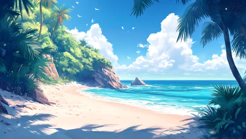 Tropical Coastal Cove with Palm-Framed Beach and Turquoise Waters.